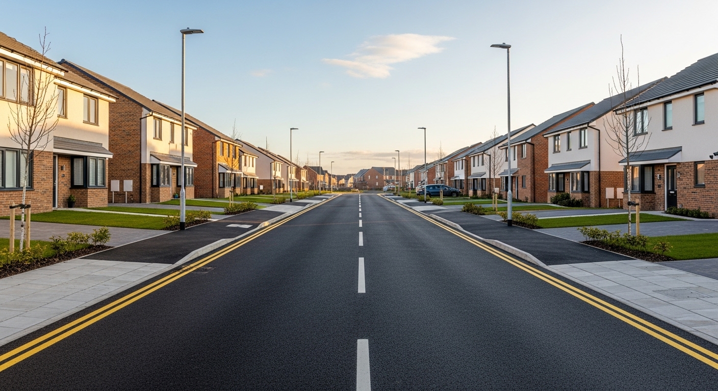 A wide, empty street lined with modern, two-storey houses on both sides features well-kept lawns and streetlights—an example of a development where what is a section 38 agreement might apply to ensure proper road adoption. | Highways Plus
