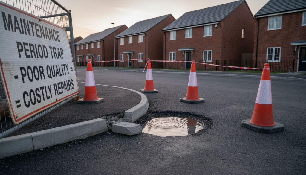 A pothole filled with water on a residential street is surrounded by traffic cones and caution tape. A sign nearby reads, "Maintenance period trap - Adoption delays = Costly repairs." Brick houses are visible in the background. | Highways Plus