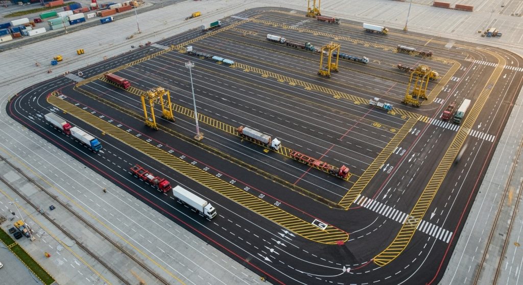 Aerial view of Avonmouth shipping container yard with several lorries, shipping containers, and yellow gantry cranes on marked lanes. The industrial yard resurfacing creates a clean, organised, and mostly empty area with few vehicles and containers. | Highways Plus