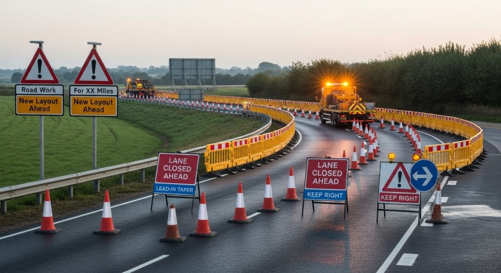 A road with traffic cones, barriers, and signs indicating NRSWA street works and Chapter 8 compliance. Vehicles with flashing lights are present, directing traffic to keep right and warning of a new layout ahead. | Highways Plus