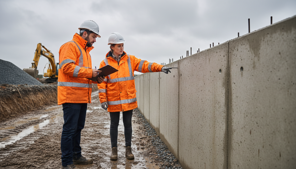 Two construction workers in orange safety jackets and white helmets examine a large concrete wall at a building site. One, noting commuted sums on a clipboard, listens as the other points at the wall. An excavator is visible in the background. | Highways Plus