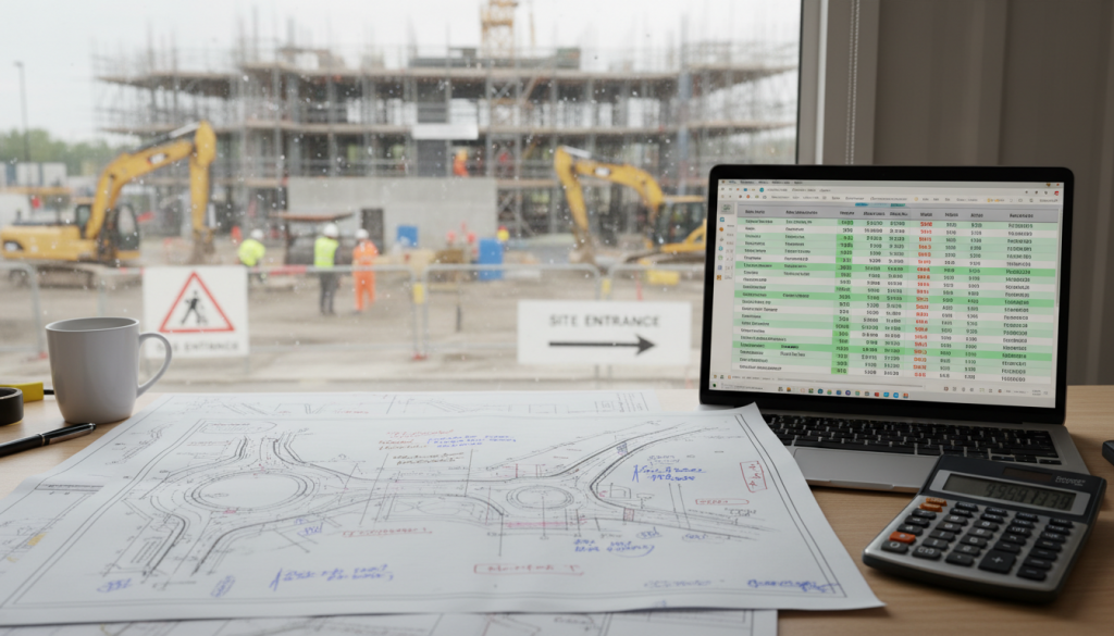 A desk with construction blueprints, a laptop displaying commuted sums in a spreadsheet, a calculator, and a coffee cup; outside the window, workers and machinery operate at a busy construction site with scaffolding and signage visible. | Highways Plus