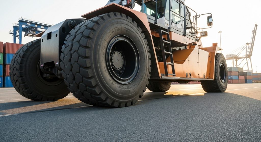 Low-angle view of a large, orange industrial forklift with oversized tyres parked on asphalt at a shipping port in Avonmouth, ideal for port estate managers overseeing industrial yard resurfacing, with cranes and stacked shipping containers in the background. | Highways Plus
