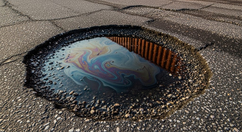 A large pothole filled with water reflects a nearby fence, with an oily rainbow sheen on the surface of the puddle—evidence that industrial yard resurfacing is needed in busy Avonmouth port estates, as cracked tarmac surrounds the area. | Highways Plus