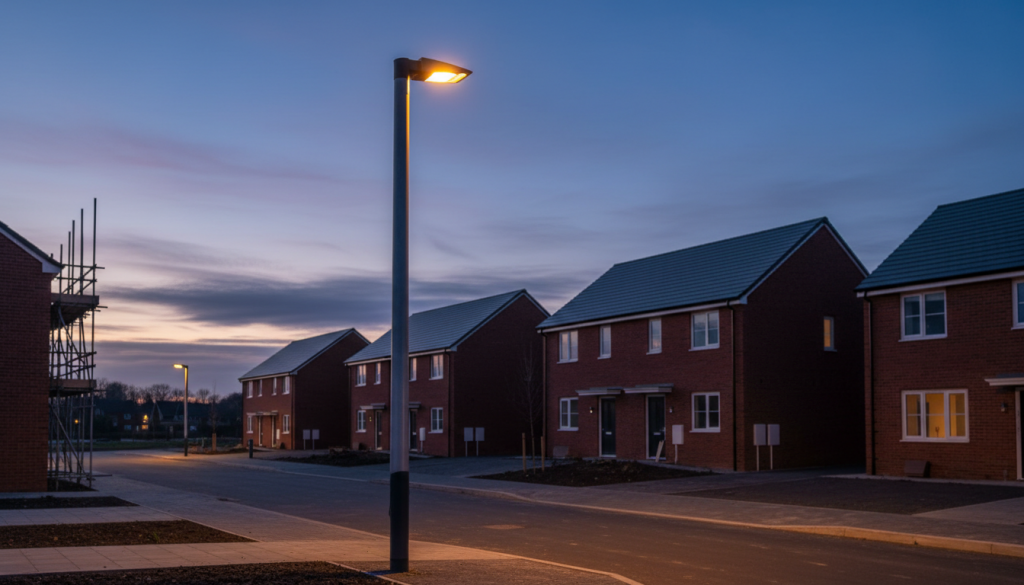 A quiet suburban street at dusk with modern brick houses, some with lights on from hardworking residents calculating commuted sums. A streetlamp glows in the foreground, and the sky displays the colours of the setting sun. | Highways Plus