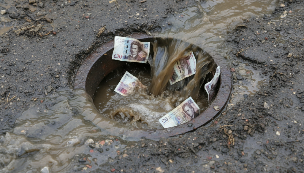 Twenty-pound British banknotes are being washed down a muddy drain, symbolising how adoption costs can disappear amid wet pavement and dirty water. | Highways Plus