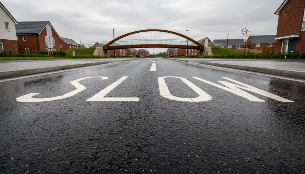 A wet residential street with “SLOW” painted in large white letters on the road, flanked by modern houses—perhaps recently built with commuted sums—and a curved pedestrian bridge in the background under a cloudy sky. | Highways Plus
