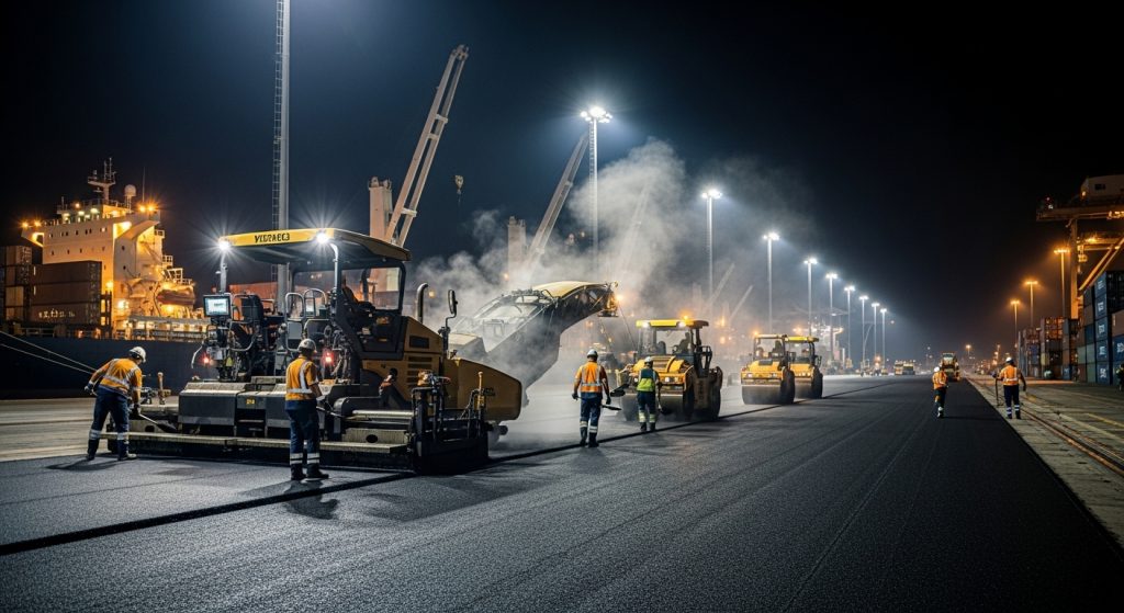 Construction workers in reflective vests operate machinery surfacing a road at night in Avonmouth, with bright lights illuminating cranes and cargo ships as port estates managers oversee industrial yard resurfacing, creating a bustling industrial atmosphere. | Highways Plus