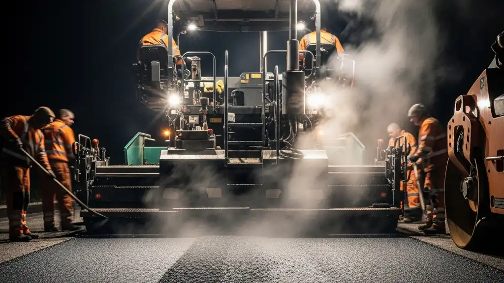 Construction workers in orange reflective gear operate machinery and lay fresh tarmac on a motorway at night, with steam rising from the hot surface—a testament to strategic investment and a focus on timely project completion under bright work lights. | Highways Plus