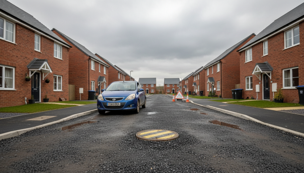 A quiet suburban street with modern red-brick houses, a blue car parked on the left, wet pavement, and a traffic cone with a road sign in the background under an overcast sky hints at everyday life amid national adoption crisis headlines. | Highways Plus