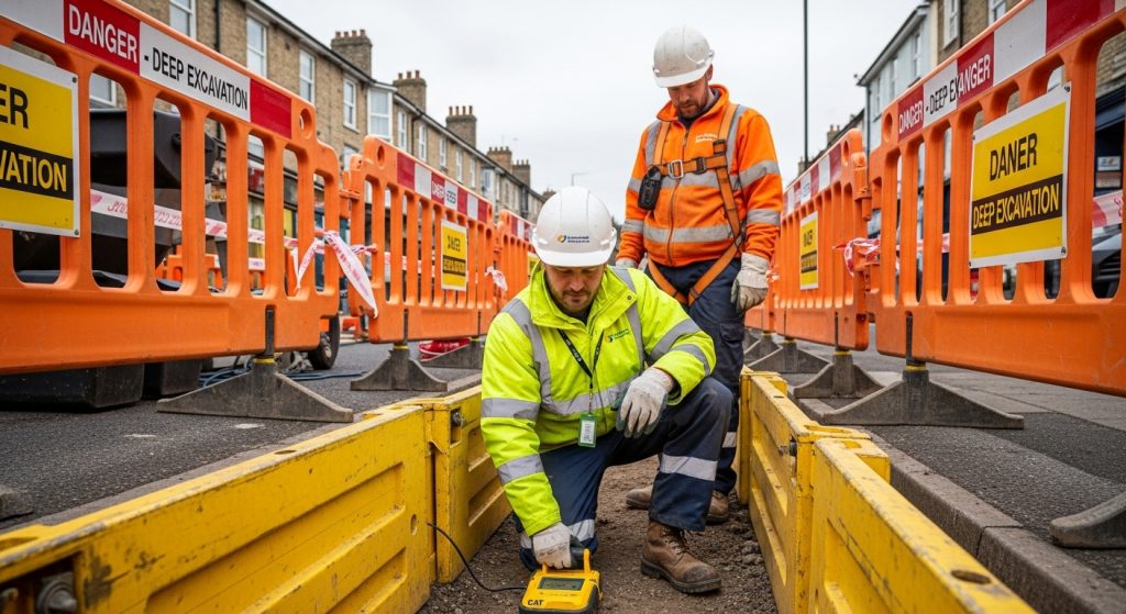Two construction workers in safety gear, following NRSWA street works guidelines, operate inside a street trench surrounded by orange barriers with "Danger - Deep Excavation" signs. One man operates a device near the ground whilst the other observes. | Highways Plus