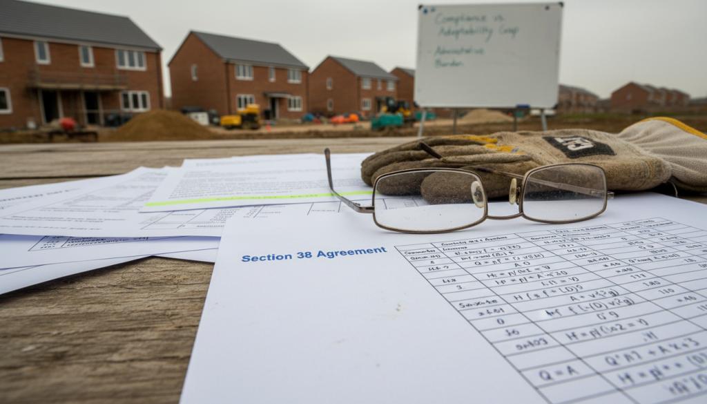 A close-up of paperwork, spectacles, and gloves on a wooden table at a building site highlights adoption delays, with new houses and a whiteboard in the background. The visible document is titled "Section 38 Agreement. | Highways Plus