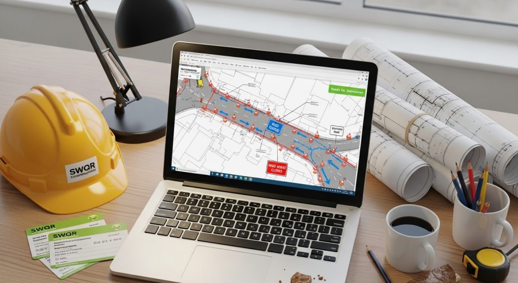 A laptop displays a street map with roadworks marked, highlighting NRSWA street works. On the desk are a yellow hard hat, SWQR cards, rolled blueprints, coffee, and biscuits—essentials for a groundwork contractor's planning workspace. | Highways Plus