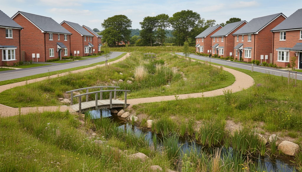 Newly built brick houses line both sides of a street with a grassy, landscaped drainage area in the centre—funded by commuted sums—featuring a small wooden bridge, winding paths, and a narrow stream. | Highways Plus