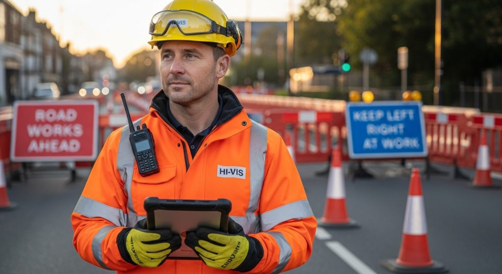 A groundworks contractor in a hi-vis jacket and helmet holds a tablet at an NRSWA street works site, surrounded by orange barriers, cones, and Chapter 8 compliance signs reading “ROAD WORKS AHEAD” and “KEEP LEFT RIGHT AT WORK.”. | Highways Plus