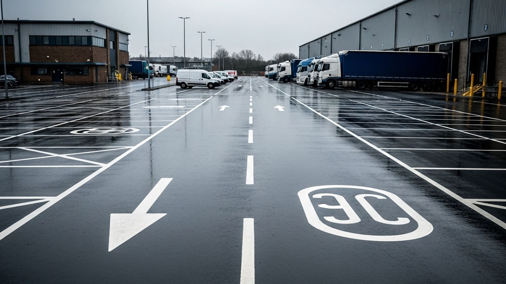 A wet, empty lorry depot with parked lorries and vans near large warehouse buildings showcases advanced paving, as white directional arrows and parking markings stand out on the shiny, rain-soaked pavement under a cloudy sky. | Highways Plus