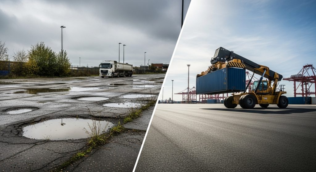 A split image shows a lorry on a potholed, cracked road on the left, and a forklift moving a shipping container across an industrial yard resurfacing project managed by port estates managers at Avonmouth on the right. | Highways Plus