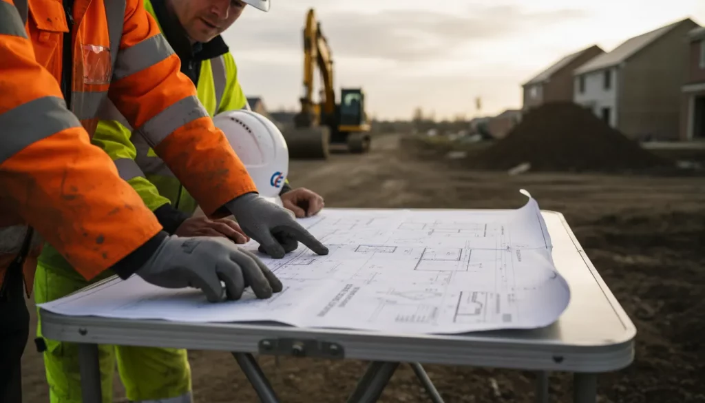 Two construction workers in safety gear review blueprints on a table at an outdoor construction site, discussing Section 278 Utility Diversions, with houses and a digger visible in the background. | Highways Plus
