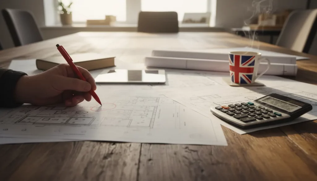 A person marks architectural blueprints with a red pen on a wooden table. Nearby are notes on commuted sums highway adoption, a calculator, a UK flag mug, stacked books, rolled-up papers, and a tablet, with sunlight streaming in. | Highways Plus