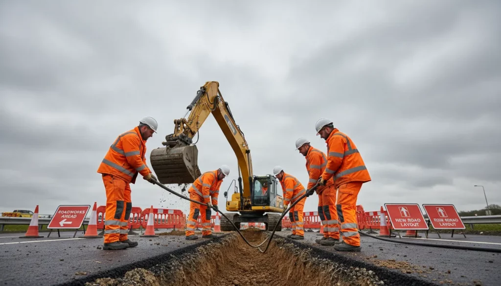Five construction workers in orange safety gear and helmets operate an excavator and shovels on a road under cloudy skies. Road signs and barriers indicate Section 278 Utility Diversions as well as ongoing roadworks and a new road layout. | Highways Plus