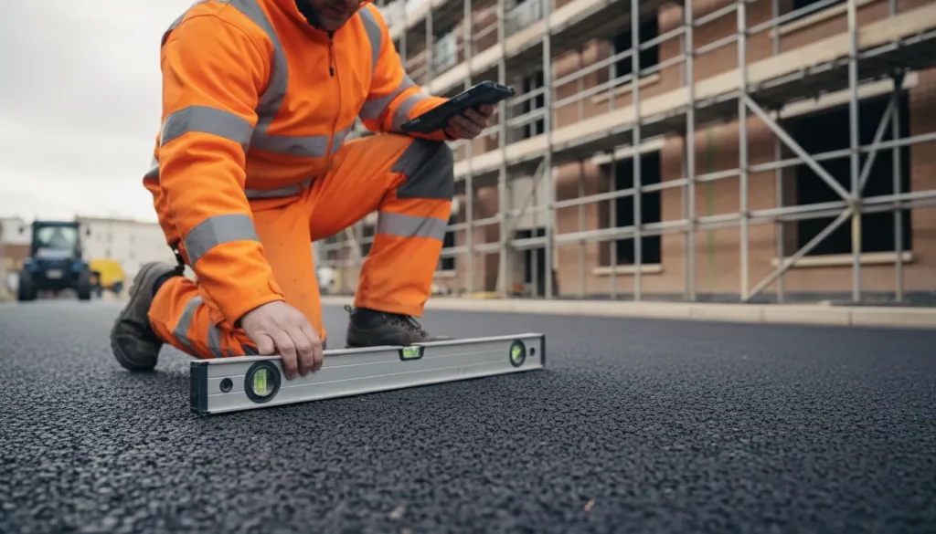 A construction worker in an orange safety uniform kneels on newly laid tarmac, using a spirit level to check the surface—an essential step for meeting the Section 38 Adoption Timeline. Scaffolding rises from the busy construction site in the background. | Highways Plus