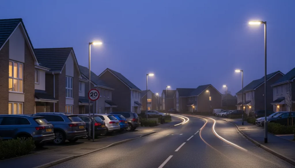 A quiet suburban street at dusk with modern houses and parked cars, illuminated by streetlights. The road, awaiting trunk road adoption, curves gently past a 20 mph speed limit sign. The misty blue sky adds to the calm atmosphere. | Highways Plus