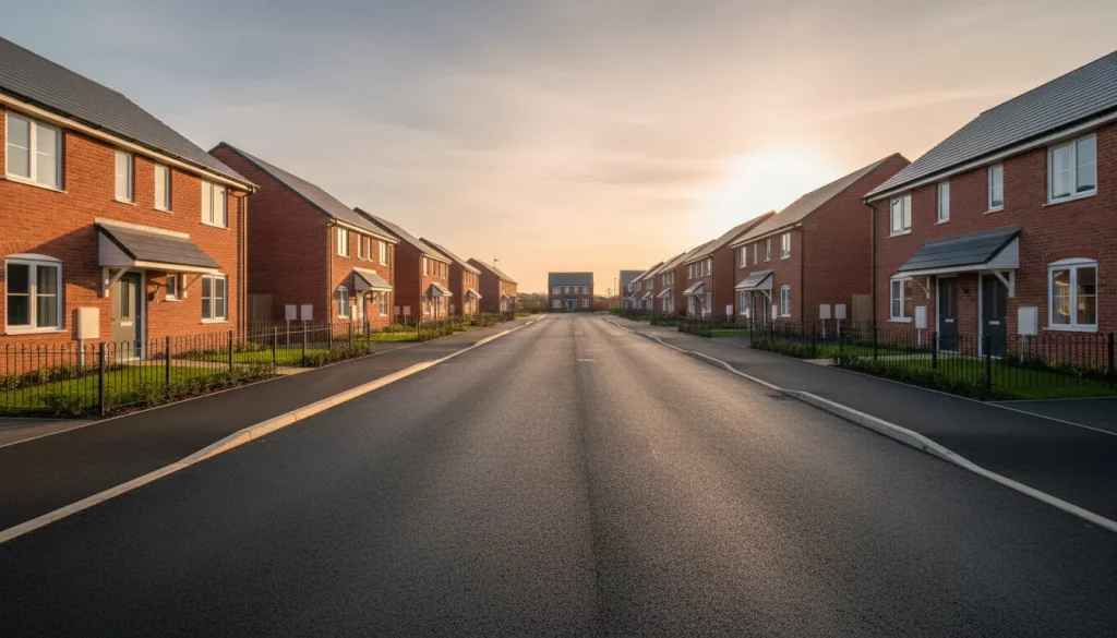 A quiet residential street lined with modern, red-brick houses under a soft, golden sunset sky—an ideal setting where the Section 38 Adoption Timeline ensures roads and pavements are completed to high standards for future adoption. | Highways Plus