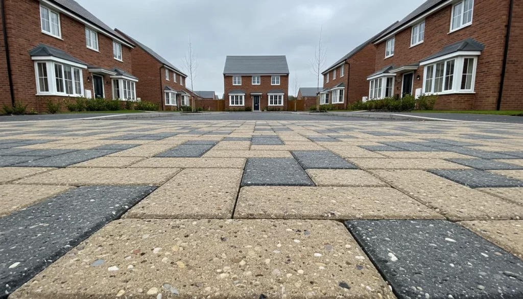 A low-angle view of a residential street with beige and grey paved bricks, possibly part of a commuted sums highway adoption scheme. Modern brick houses with white windows and small front gardens line both sides under a cloudy sky. | Highways Plus