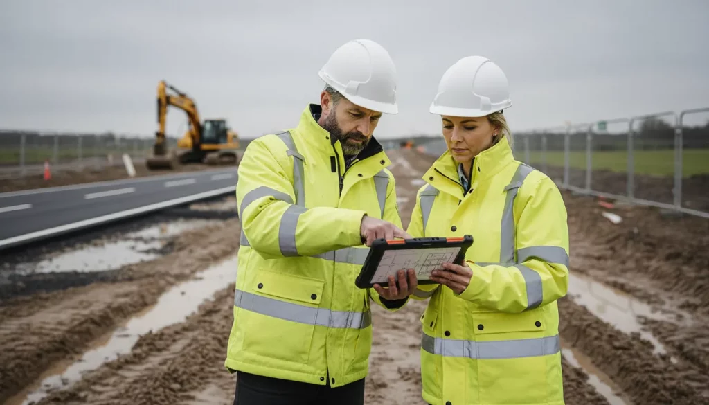 Two construction workers in high-visibility jackets and white helmets review commuted sums plans on a tablet at a muddy roadside construction site, with an excavator operating in the background, preparing the area for motorway adoption. | Highways Plus