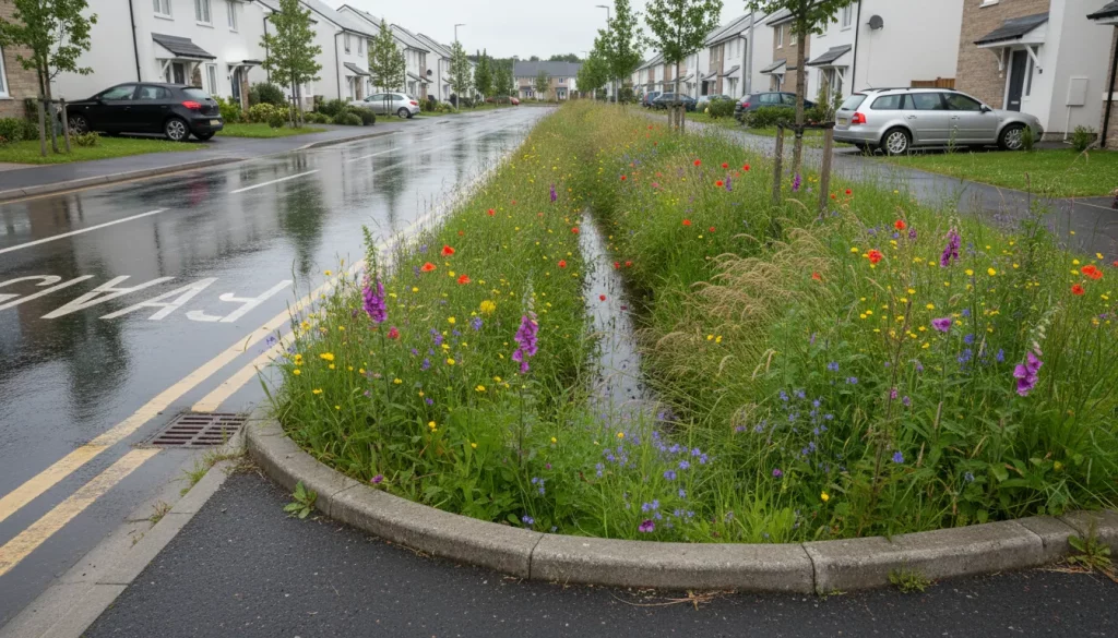 A rain-soaked suburban street with houses on both sides, featuring a grassy central reservation filled with wildflowers and tall grasses, serves as a commuted sums rain garden for stormwater runoff. Cars are parked along the road. | Highways Plus