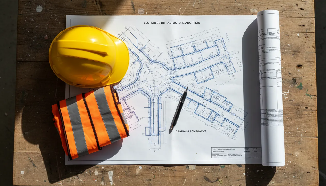 A yellow hard hat, an orange safety vest, and a pen rest on architectural blueprints showing drainage schematics and Section 38 Adoption Timeline, all placed on a wooden table. | Highways Plus