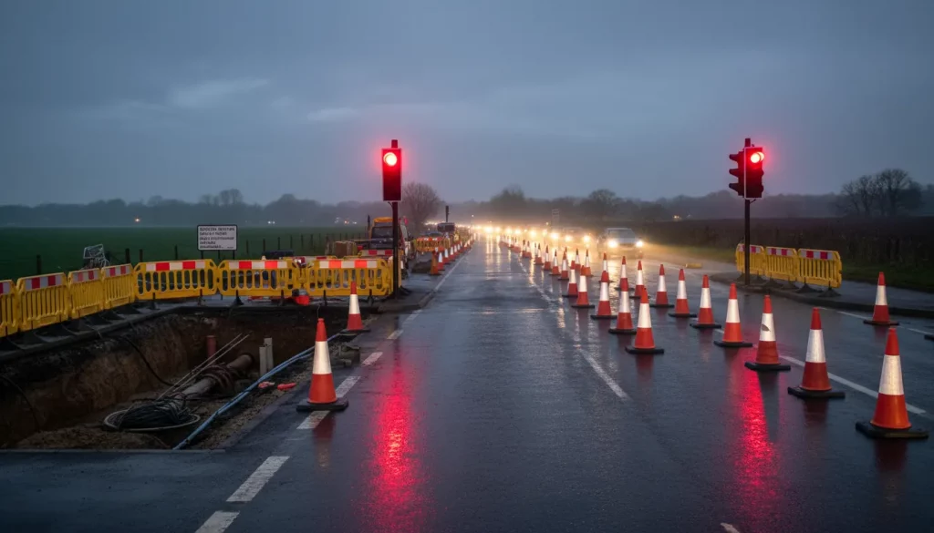 A rainy evening road with traffic cones and barriers marking Section 278 Utility Diversions on the left. Red traffic lights stop cars whilst headlights shine through the mist. Fields and trees are visible in the background. | Highways Plus