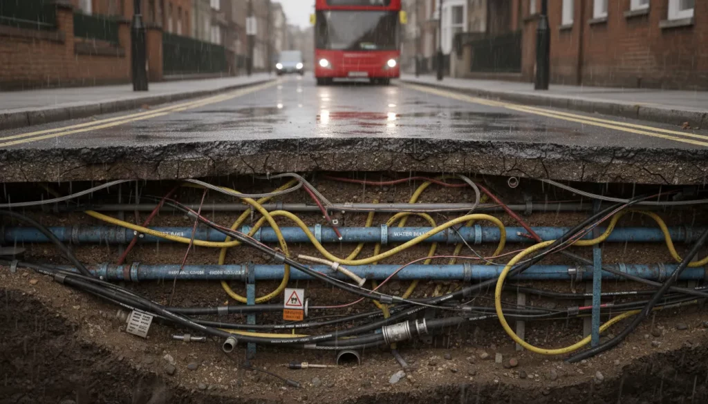 A street with a red bus in the background shows a Section 278 Utility Diversions site, where tarmac has been cut away to reveal tangled yellow, blue, and black cables and pipes underneath, on a rainy day. | Highways Plus